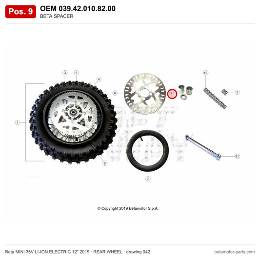 BETA SPACER – OEM 039.42.010.82.00, position 9 on the Beta MINI 36V LI-ION ELECTRIC 12" 2019 rear wheel drawing