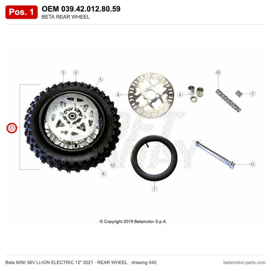 BETA REAR WHEEL – OEM 039.42.012.80.59, position 1 on the Beta MINI 36V LI-ION ELECTRIC 12" 2021 rear wheel drawing