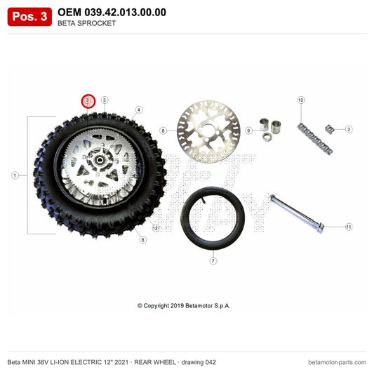 BETA SPROCKET – OEM 039.42.013.00.00, position 3 on the Beta MINI 36V LI-ION ELECTRIC 12" 2021 rear wheel drawing