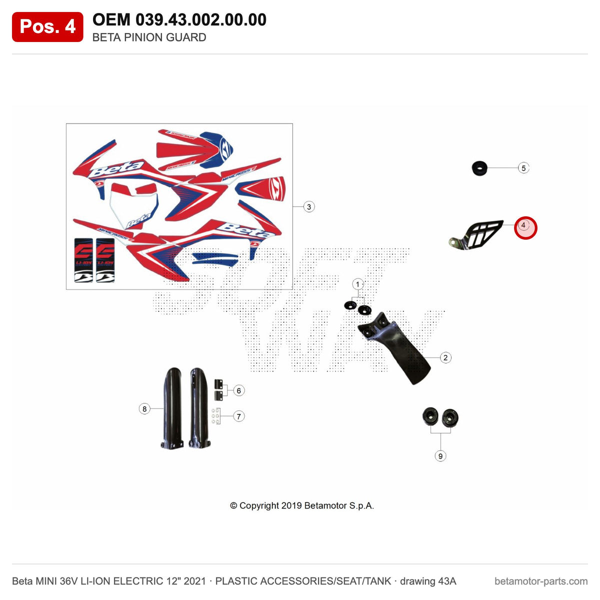 BETA PINION GUARD – OEM 039.43.002.00.00, position 4 on the Beta MINI 36V LI-ION ELECTRIC 12" 2021 plastic accessories/seat/tank drawing