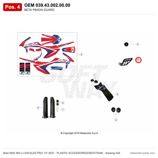 BETA PINION GUARD – OEM 039.43.002.00.00, position 4 on the Beta MINI 36V LI-ION ELECTRIC 12" 2021 plastic accessories/seat/tank drawing