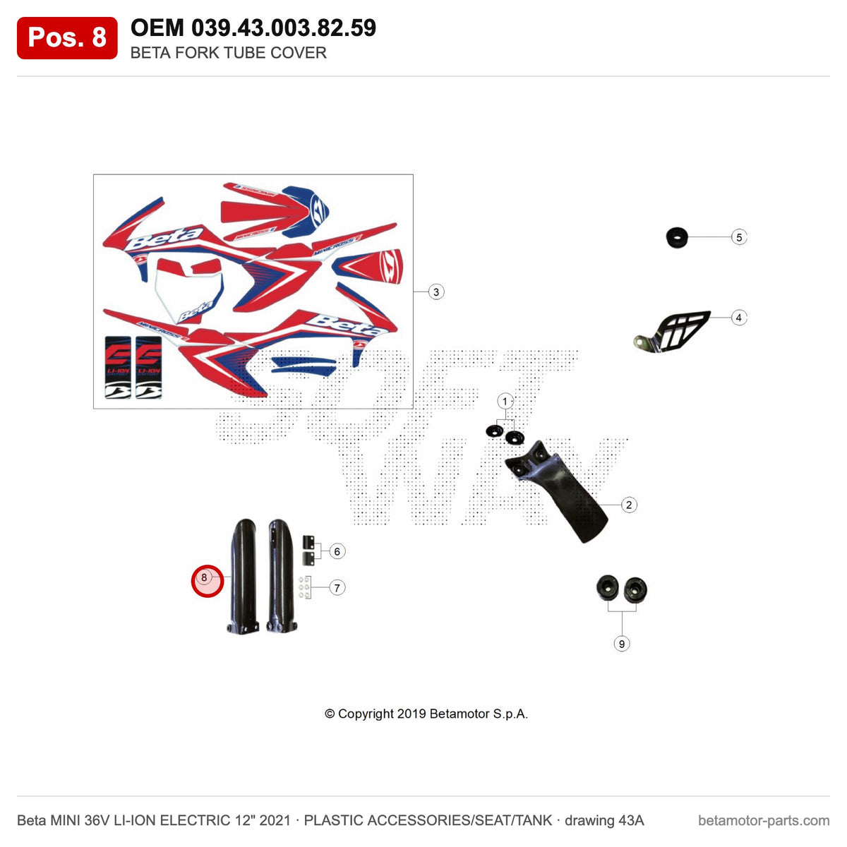 BETA FORK TUBE COVER – OEM 039.43.003.82.59, position 8 on the Beta MINI 36V LI-ION ELECTRIC 12" 2021 plastic accessories/seat/tank drawing