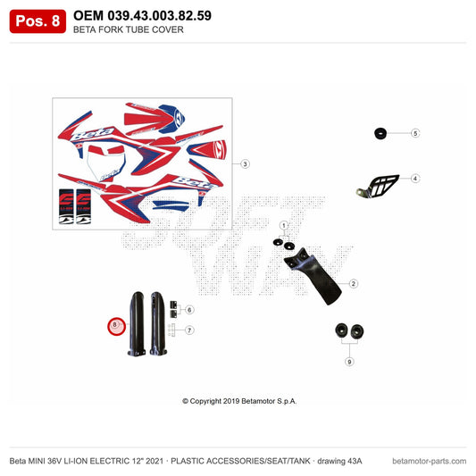 BETA FORK TUBE COVER – OEM 039.43.003.82.59, position 8 on the Beta MINI 36V LI-ION ELECTRIC 12" 2021 plastic accessories/seat/tank drawing