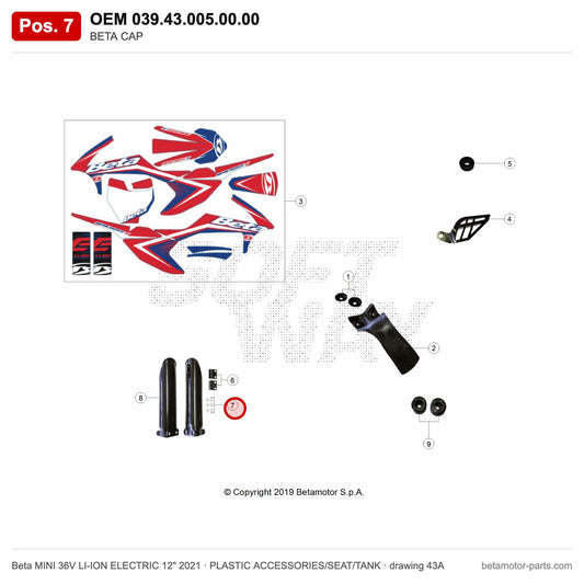 BETA CAP – OEM 039.43.005.00.00, position 7 on the Beta MINI 36V LI-ION ELECTRIC 12" 2021 plastic accessories/seat/tank drawing