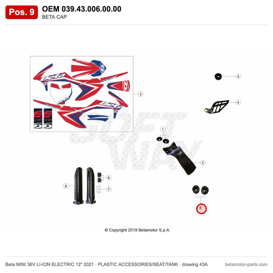BETA CAP – OEM 039.43.006.00.00, position 9 on the Beta MINI 36V LI-ION ELECTRIC 12" 2021 plastic accessories/seat/tank drawing
