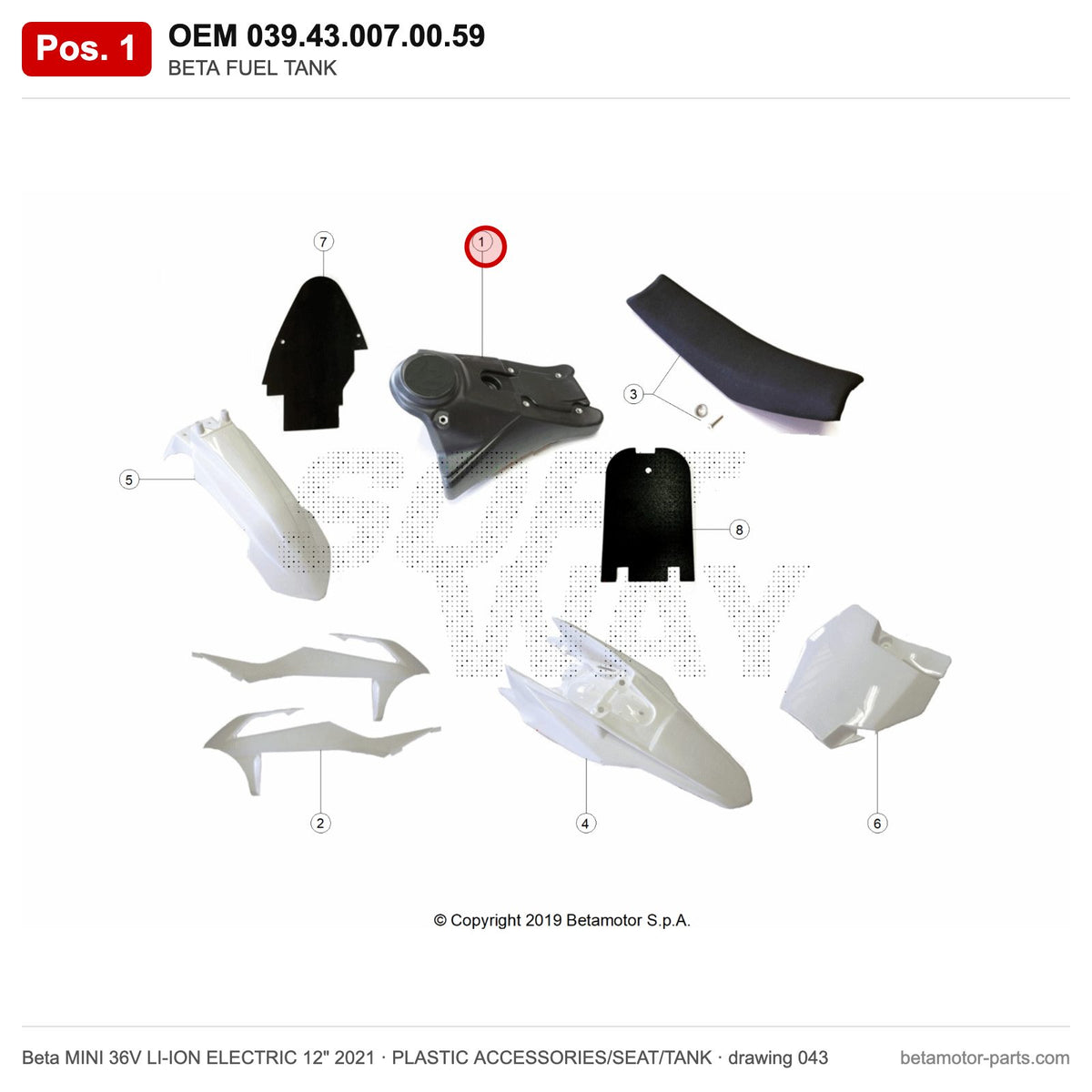 BETA FUEL TANK – OEM 039.43.007.00.59, position 1 on the Beta MINI 36V LI-ION ELECTRIC 12" 2021 plastic accessories/seat/tank drawing