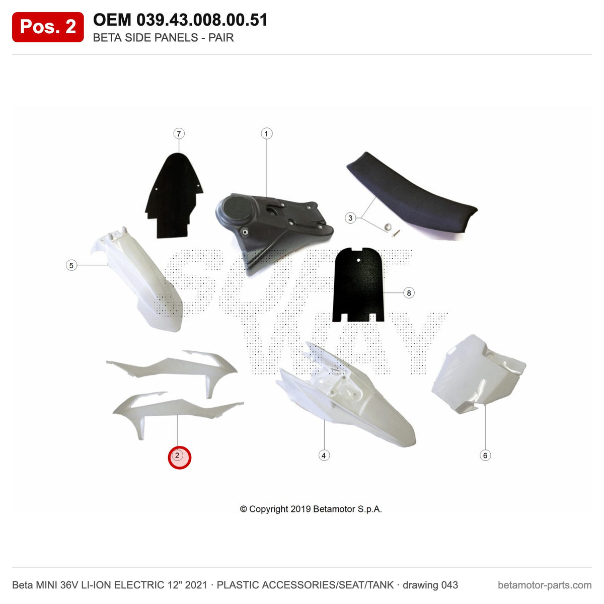 BETA SIDE PANELS - PAIR – OEM 039.43.008.00.51, position 2 on the Beta MINI 36V LI-ION ELECTRIC 12" 2021 plastic accessories/seat/tank drawing