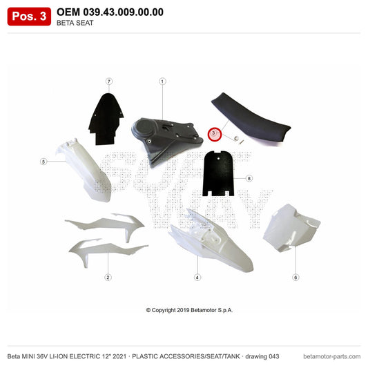 BETA SEAT – OEM 039.43.009.00.00, position 3 on the Beta MINI 36V LI-ION ELECTRIC 12" 2021 plastic accessories/seat/tank drawing