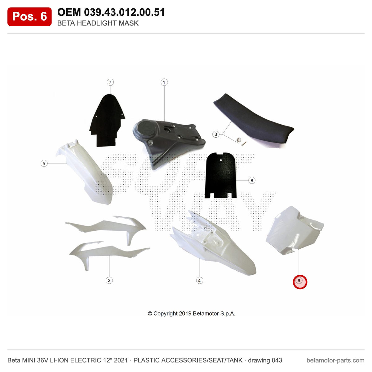 BETA HEADLIGHT MASK – OEM 039.43.012.00.51, position 6 on the Beta MINI 36V LI-ION ELECTRIC 12" 2021 plastic accessories/seat/tank drawing