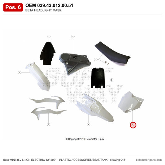 BETA HEADLIGHT MASK – OEM 039.43.012.00.51, position 6 on the Beta MINI 36V LI-ION ELECTRIC 12" 2021 plastic accessories/seat/tank drawing
