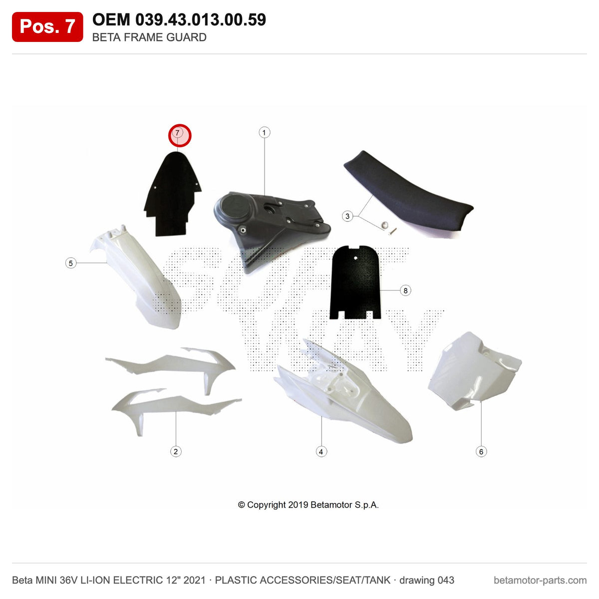 BETA FRAME GUARD – OEM 039.43.013.00.59, position 7 on the Beta MINI 36V LI-ION ELECTRIC 12" 2021 plastic accessories/seat/tank drawing