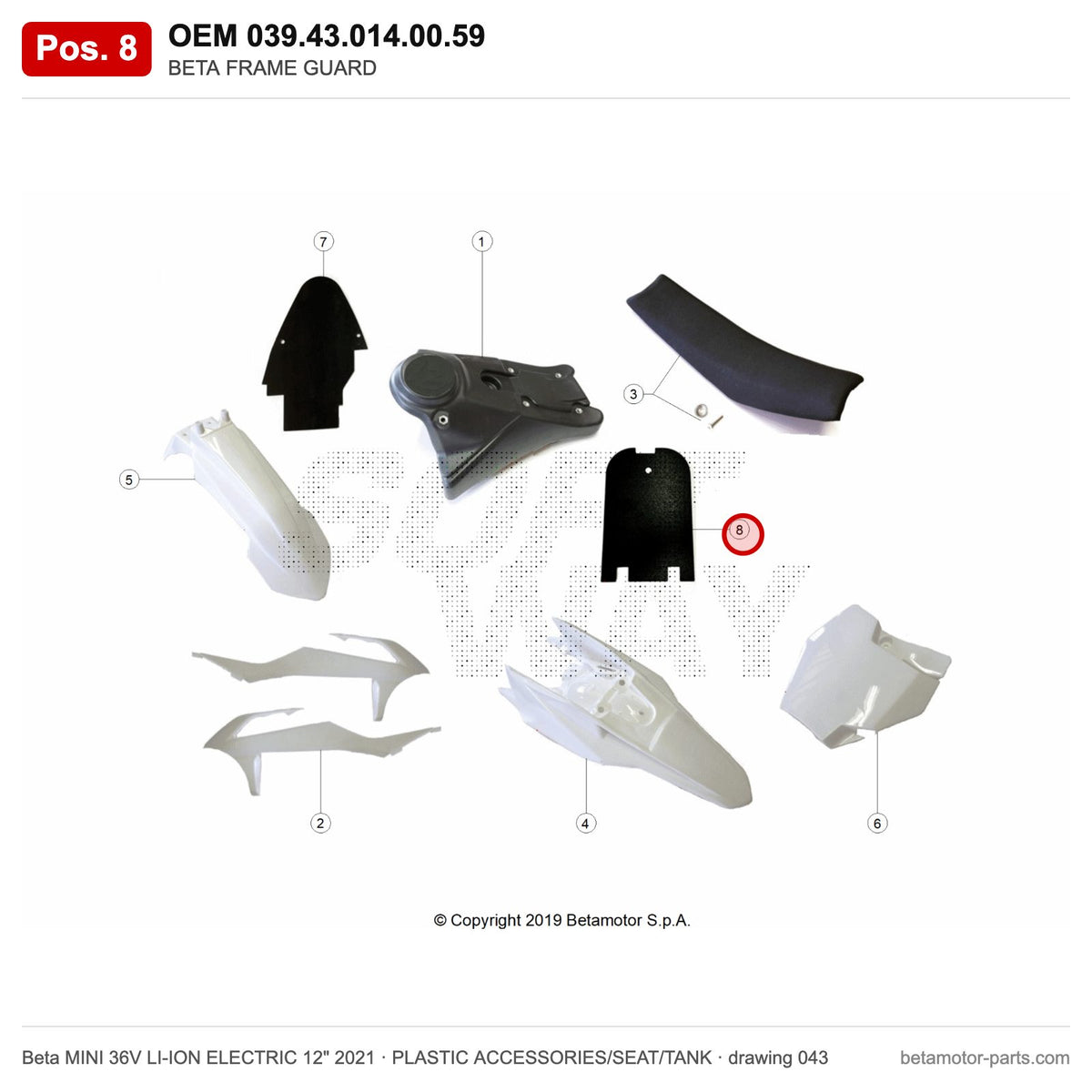 BETA FRAME GUARD – OEM 039.43.014.00.59, position 8 on the Beta MINI 36V LI-ION ELECTRIC 12" 2021 plastic accessories/seat/tank drawing