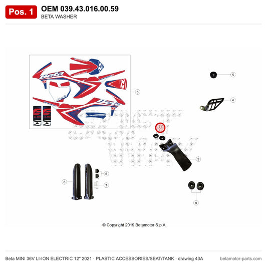 BETA WASHER – OEM 039.43.016.00.59, position 1 on the Beta MINI 36V LI-ION ELECTRIC 12" 2021 plastic accessories/seat/tank drawing