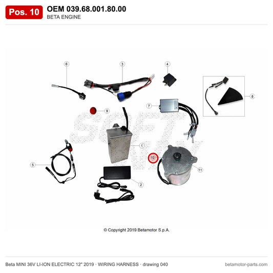 BETA ENGINE – OEM 039.68.001.80.00, position 10 on the Beta MINI 36V LI-ION ELECTRIC 12" 2019 wiring harness drawing