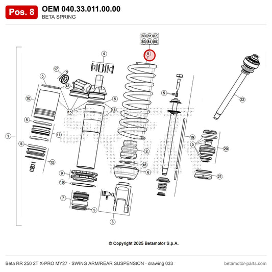 BETA SPRING – OEM 040.33.011.00.00, position 8 on the Beta RR 250 2T X-PRO MY27 swing arm/rear suspension drawing