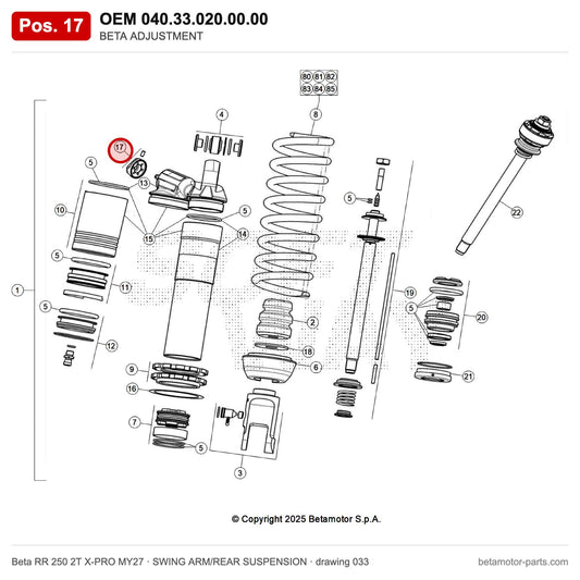BETA ADJUSTMENT – OEM 040.33.020.00.00, position 17 on the Beta RR 250 2T X-PRO MY27 swing arm/rear suspension drawing