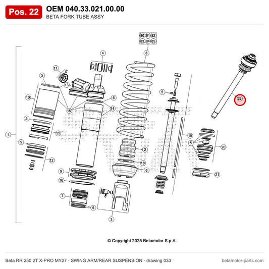 BETA FORK TUBE ASSY – OEM 040.33.021.00.00, position 22 on the Beta RR 250 2T X-PRO MY27 swing arm/rear suspension drawing