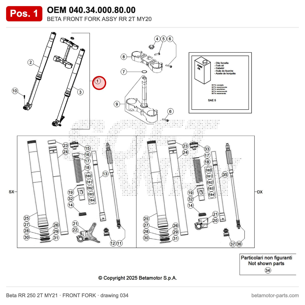 BETA FRONT FORK ASSY RR 2T MY20 – OEM 040.34.000.80.00, position 1 on the Beta RR 250 2T MY21 front fork drawing