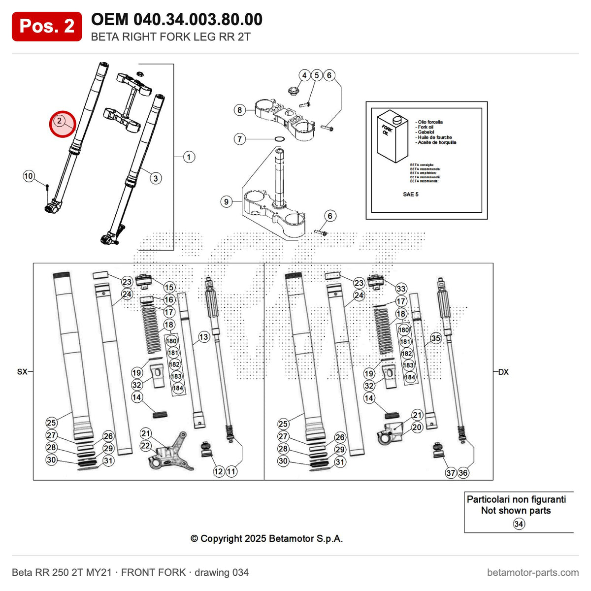 BETA RIGHT FORK LEG RR 2T – OEM 040.34.003.80.00, position 2 on the Beta RR 250 2T MY21 front fork drawing