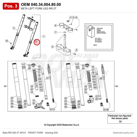 BETA LEFT FORK LEG RR 2T – OEM 040.34.004.80.00, position 3 on the Beta RR 250 2T MY21 front fork drawing
