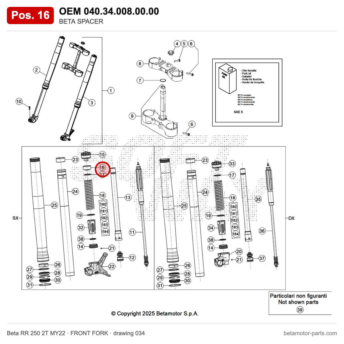 BETA SPACER – OEM 040.34.008.00.00, position 16 on the Beta RR 250 2T MY22 front fork drawing
