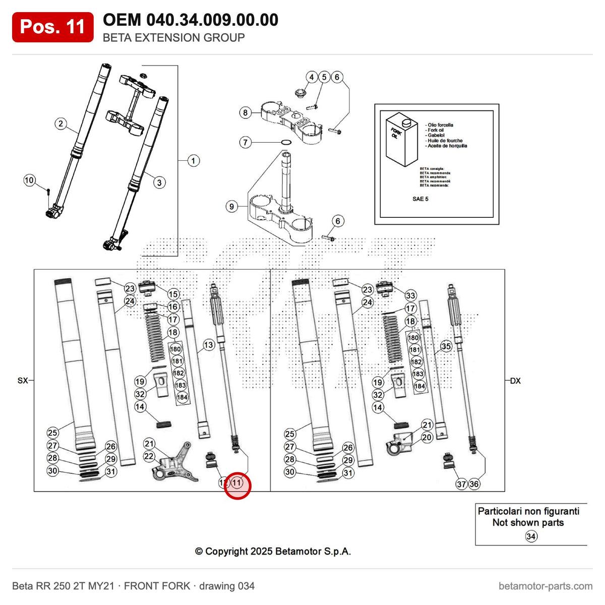 BETA EXTENSION GROUP – OEM 040.34.009.00.00, position 11 on the Beta RR 250 2T MY21 front fork drawing