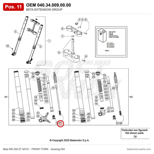 BETA EXTENSION GROUP – OEM 040.34.009.00.00, position 11 on the Beta RR 250 2T MY21 front fork drawing
