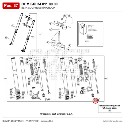 BETA COMPRESSION GROUP – OEM 040.34.011.00.00, position 37 on the Beta RR 250 2T MY21 front fork drawing