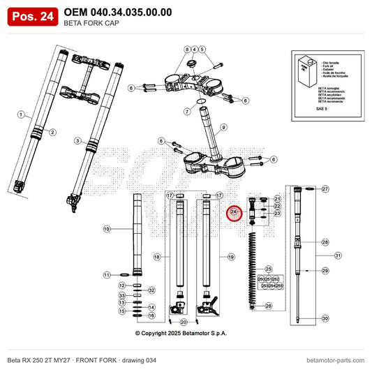 BETA FORK CAP – OEM 040.34.035.00.00, position 24 on the Beta RX 250 2T MY27 front fork drawing