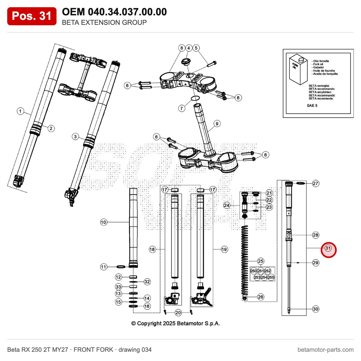 BETA EXTENSION GROUP – OEM 040.34.037.00.00, position 31 on the Beta RX 250 2T MY27 front fork drawing