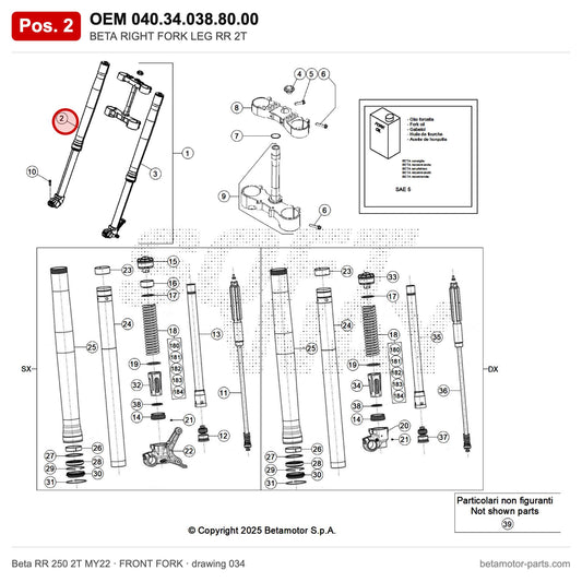 BETA RIGHT FORK LEG RR 2T – OEM 040.34.038.80.00, position 2 on the Beta RR 250 2T MY22 front fork drawing