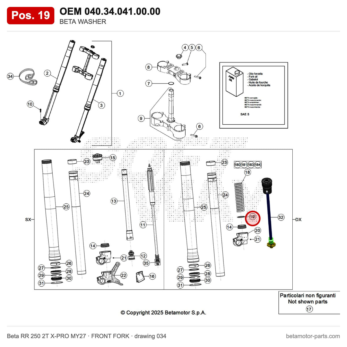 BETA WASHER – OEM 040.34.041.00.00, position 19 on the Beta RR 250 2T X-PRO MY27 front fork drawing