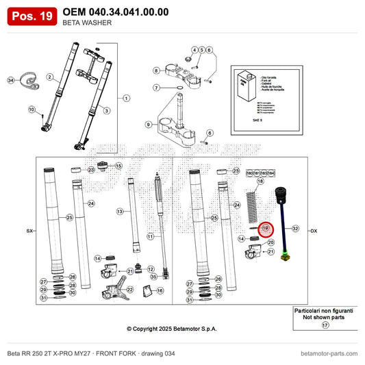 BETA WASHER – OEM 040.34.041.00.00, position 19 on the Beta RR 250 2T X-PRO MY27 front fork drawing