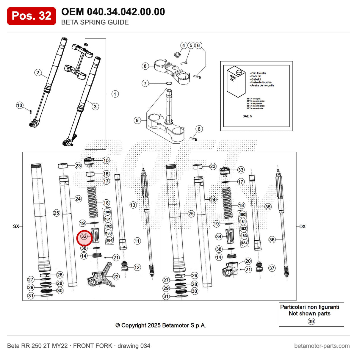 BETA SPRING GUIDE – OEM 040.34.042.00.00, position 32 on the Beta RR 250 2T MY22 front fork drawing