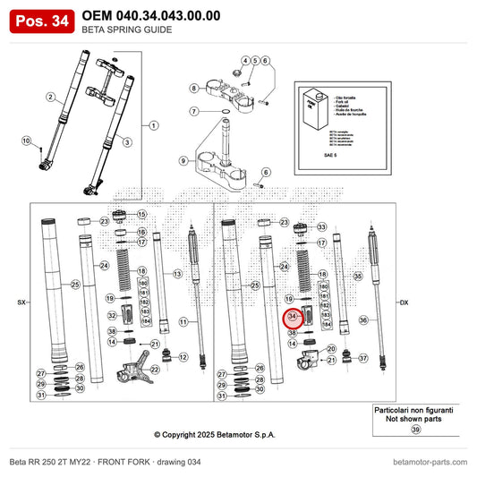 BETA SPRING GUIDE – OEM 040.34.043.00.00, position 34 on the Beta RR 250 2T MY22 front fork drawing
