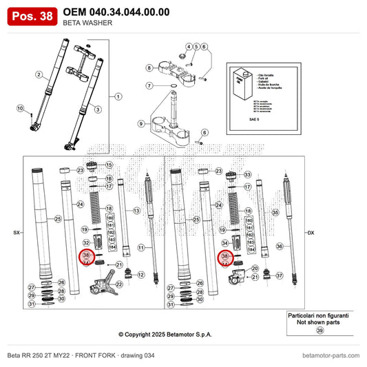 BETA WASHER – OEM 040.34.044.00.00, position 38 on the Beta RR 250 2T MY22 front fork drawing
