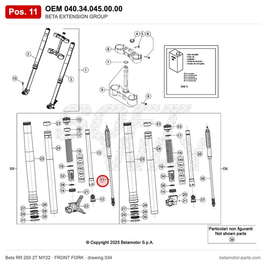 BETA EXTENSION GROUP – OEM 040.34.045.00.00, position 11 on the Beta RR 250 2T MY22 front fork drawing