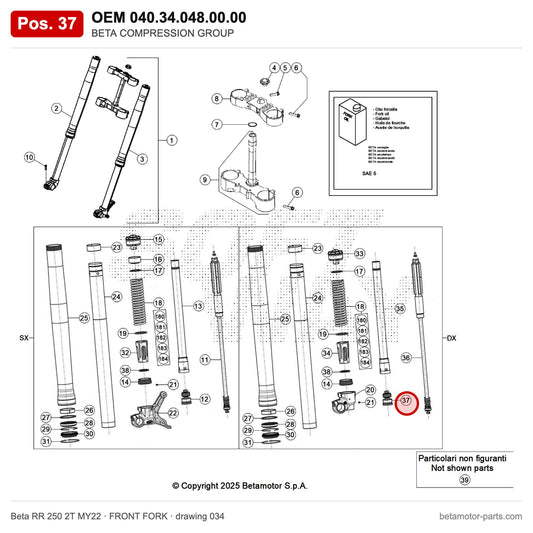 BETA COMPRESSION GROUP – OEM 040.34.048.00.00, position 37 on the Beta RR 250 2T MY22 front fork drawing