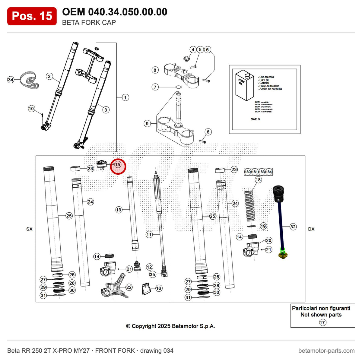 BETA FORK CAP – OEM 040.34.050.00.00, position 15 on the Beta RR 250 2T X-PRO MY27 front fork drawing