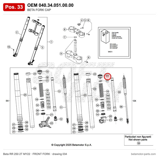 BETA FORK CAP – OEM 040.34.051.00.00, position 33 on the Beta RR 250 2T MY22 front fork drawing