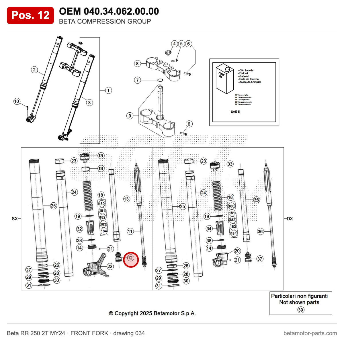 BETA COMPRESSION GROUP – OEM 040.34.062.00.00, position 12 on the Beta RR 250 2T MY24 front fork drawing
