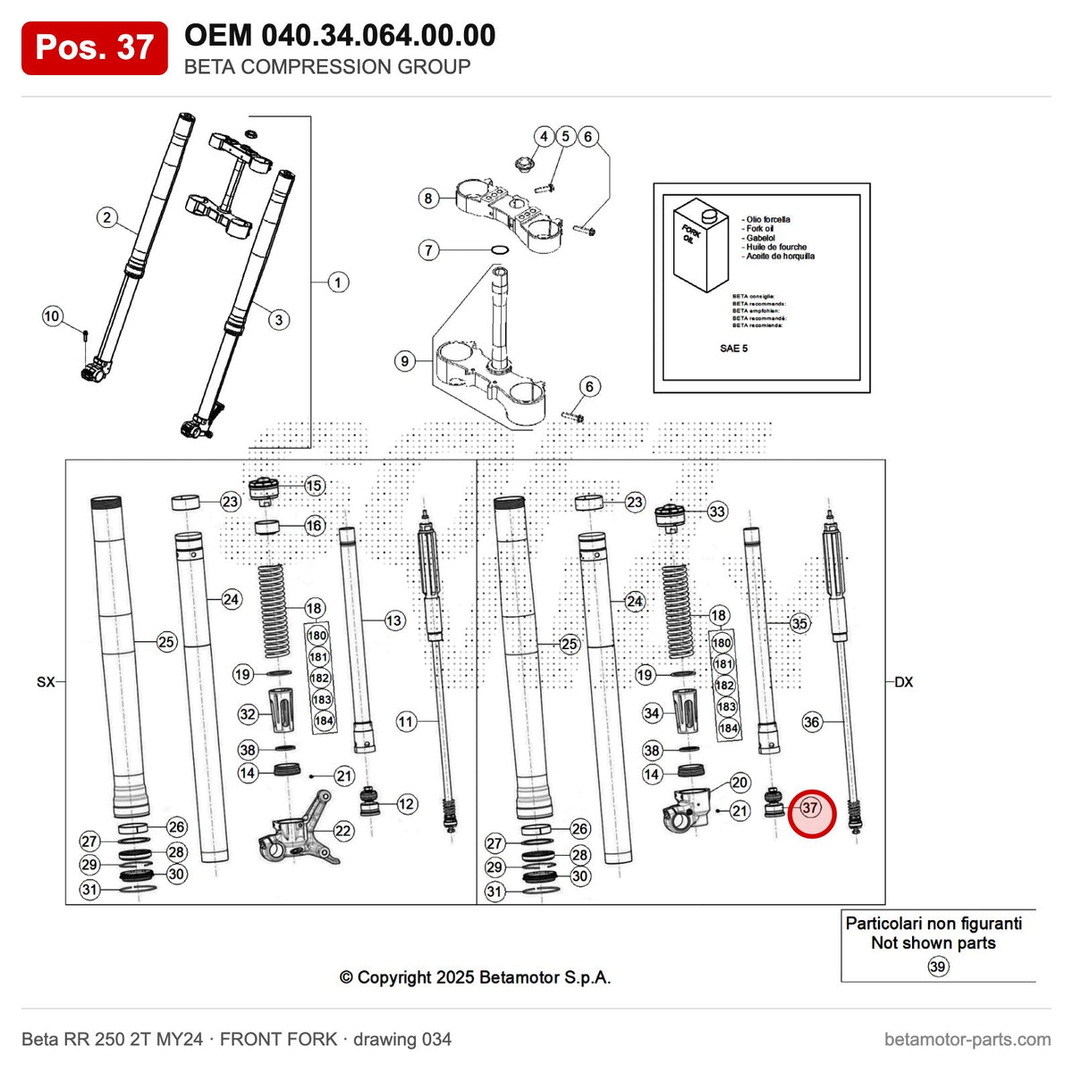 BETA COMPRESSION GROUP – OEM 040.34.064.00.00, position 37 on the Beta RR 250 2T MY24 front fork drawing