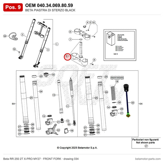 BETA TRIPLE CLAMP BLACK – OEM 040.34.069.80.59, position 9 on the Beta RR 250 2T X-PRO MY27 front fork drawing