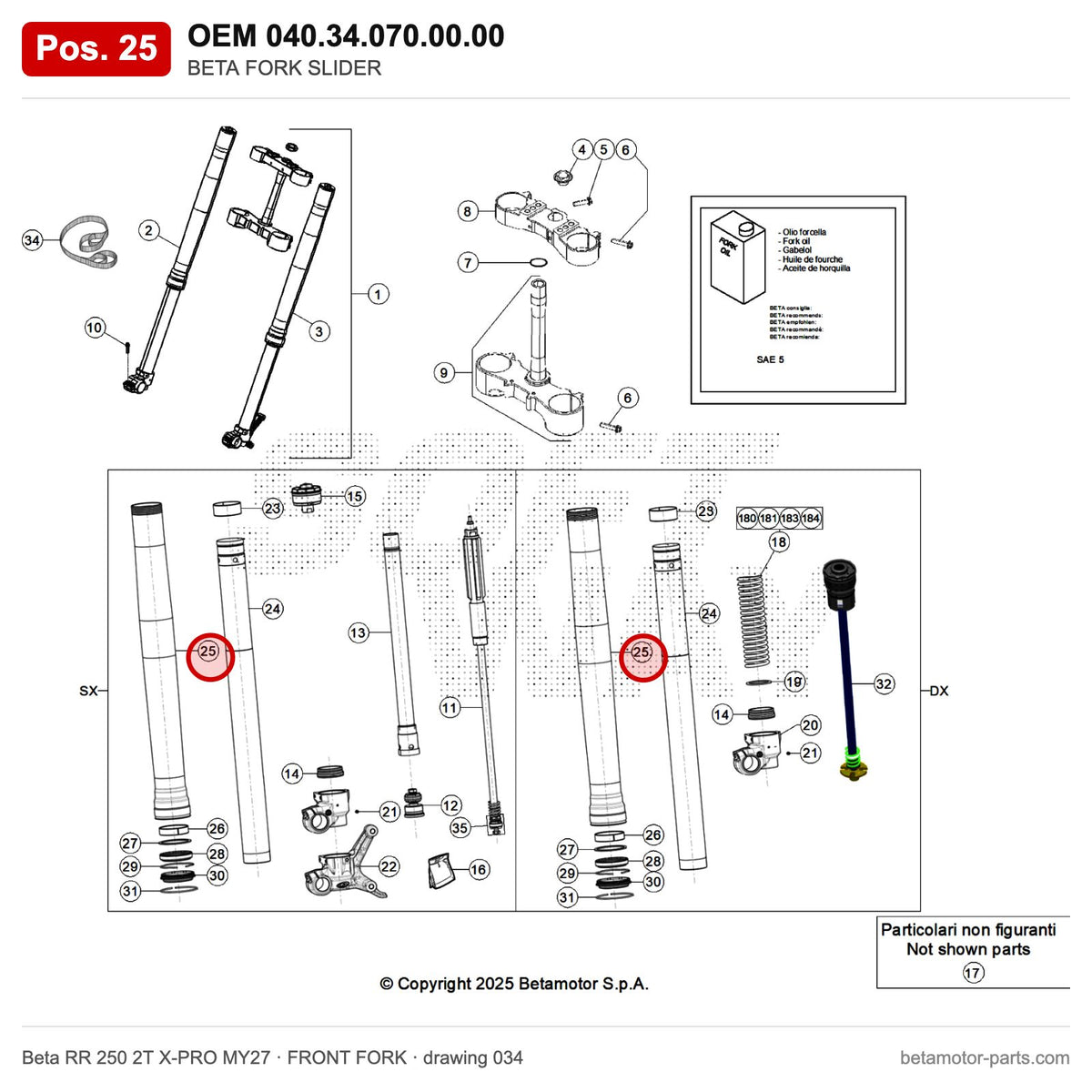 BETA FORK SLIDER – OEM 040.34.070.00.00, position 25 on the Beta RR 250 2T X-PRO MY27 front fork drawing