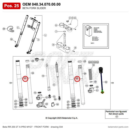 BETA FORK SLIDER – OEM 040.34.070.00.00, position 25 on the Beta RR 250 2T X-PRO MY27 front fork drawing