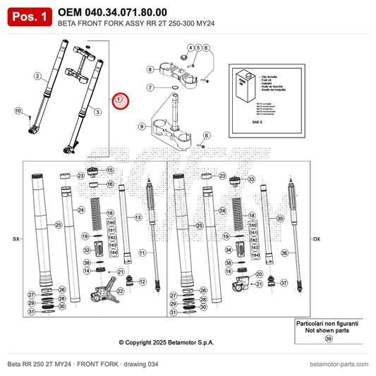 BETA FRONT FORK ASSY RR 2T 250-300 MY24 – OEM 040.34.071.80.00, position 1 on the Beta RR 250 2T MY24 front fork drawing