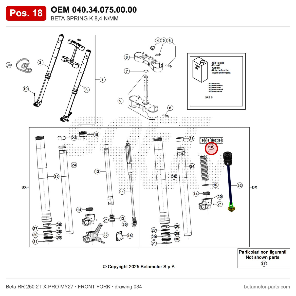 BETA SPRING K 8,4 N/MM – OEM 040.34.075.00.00, position 18 on the Beta RR 250 2T X-PRO MY27 front fork drawing