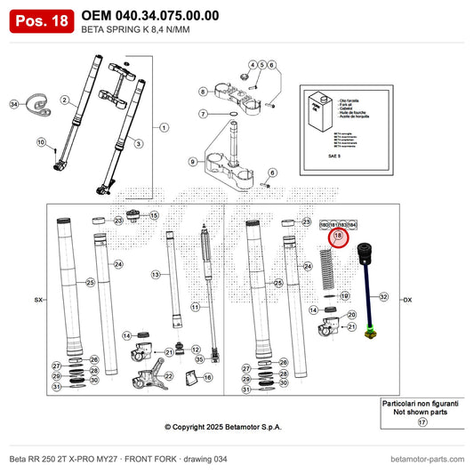 BETA SPRING K 8,4 N/MM – OEM 040.34.075.00.00, position 18 on the Beta RR 250 2T X-PRO MY27 front fork drawing