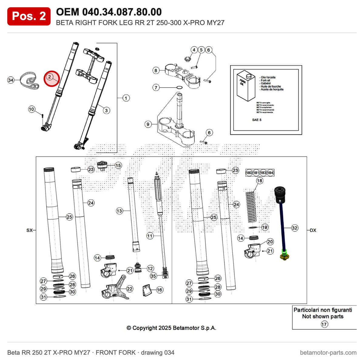 BETA RIGHT FORK LEG RR 2T 250-300 X-PRO MY27 – OEM 040.34.087.80.00, position 2 on the Beta RR 250 2T X-PRO MY27 front fork drawing