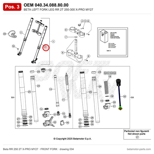 BETA LEFT FORK LEG RR 2T 250-300 X-PRO MY27 – OEM 040.34.088.80.00, position 3 on the Beta RR 250 2T X-PRO MY27 front fork drawing